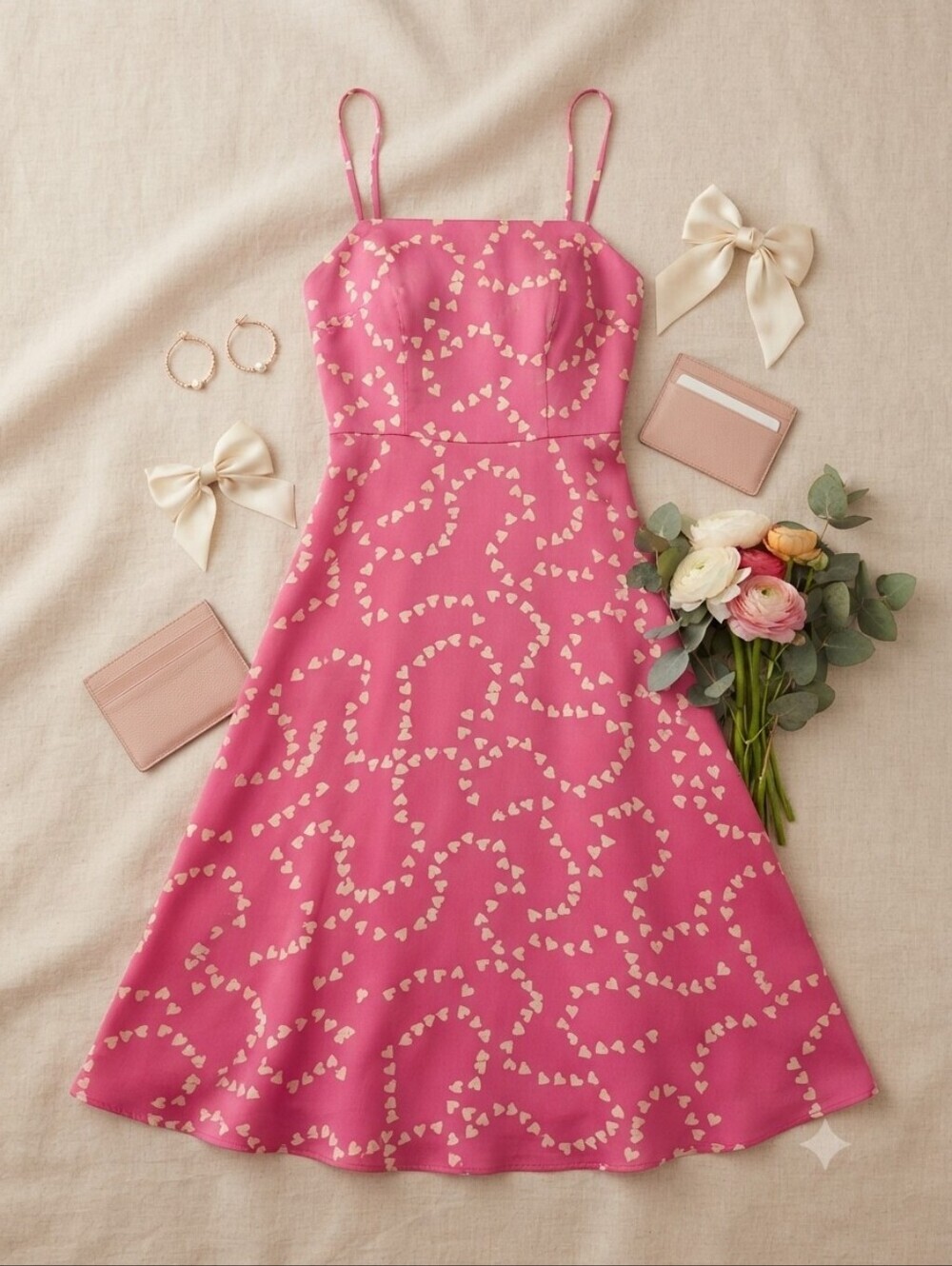 HVN "String Of Hearts" Pink Spaghetti Strap Silk Slip Dress With White Hearts